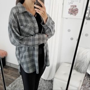 Black & Gray Oversized Spring Plaid Button Down Transition Tops Women’s Top